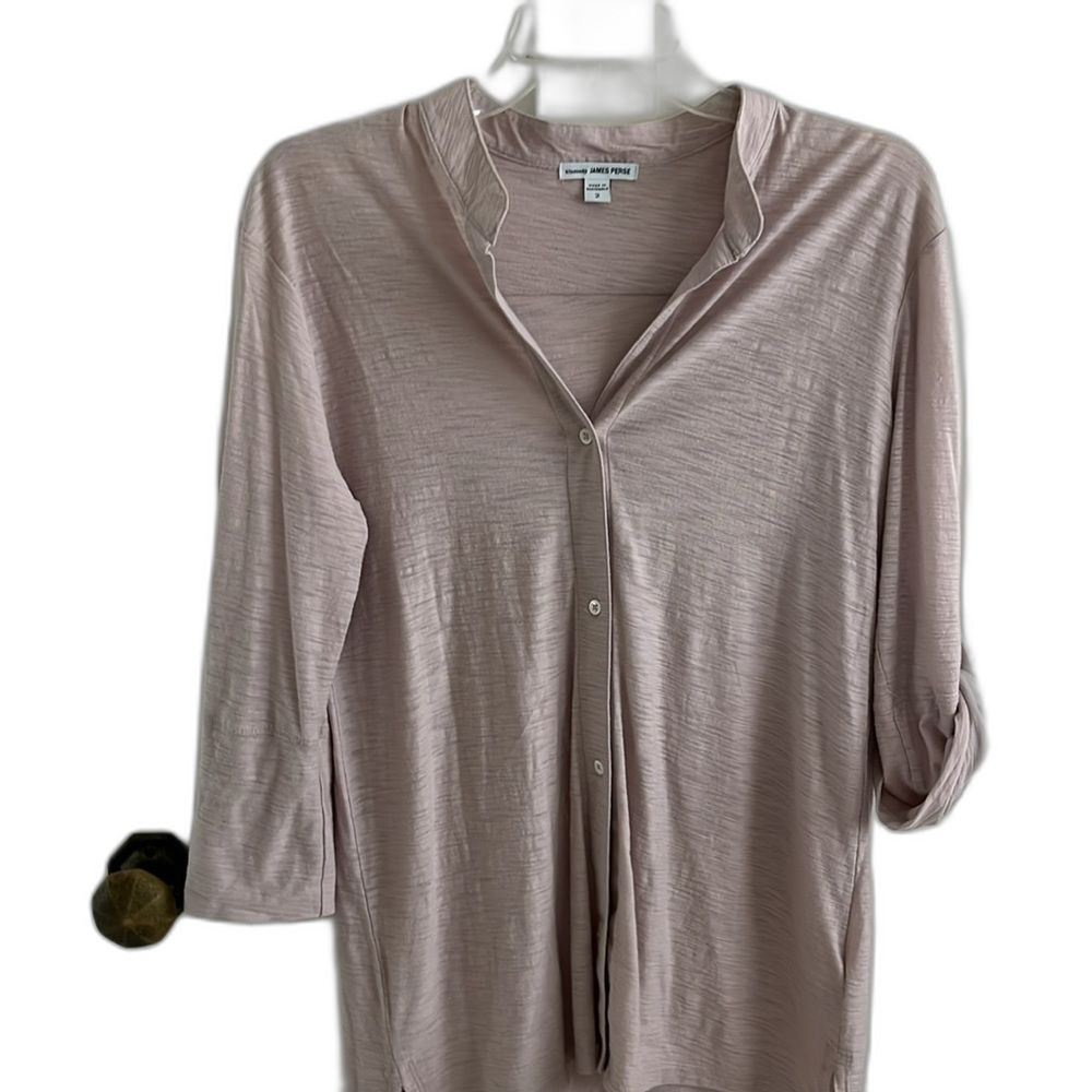 EUC James Perse Dusty Rose Collarless Button Shirt Burnout tee Roll Sleeves Med